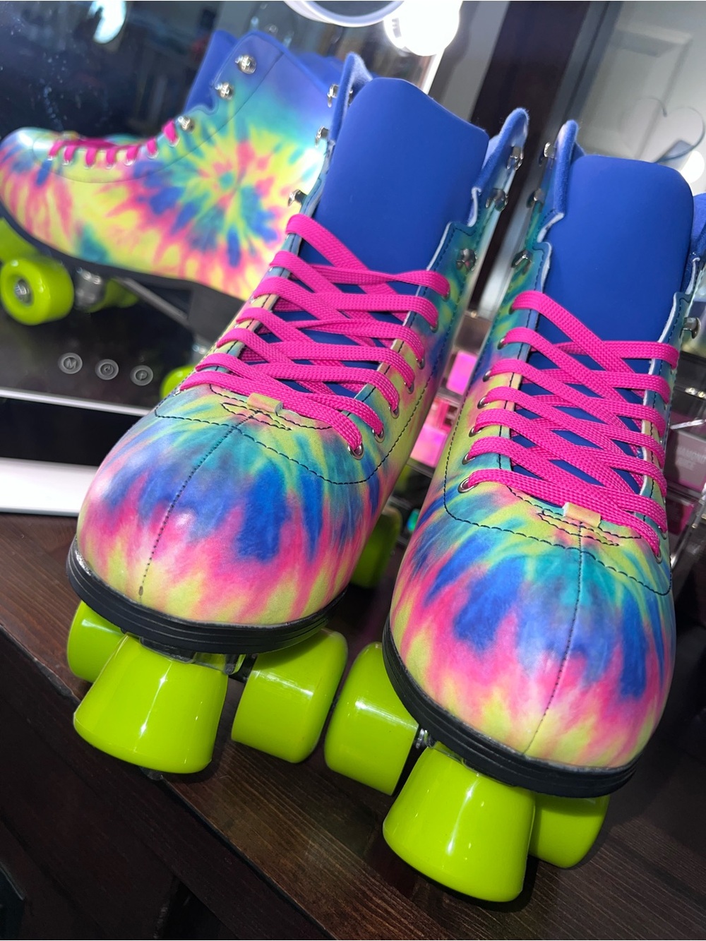NWOB Dolls Kill Catching Wind Tie Dye Roller Skates - Neon Pink Laces, Lime Whee